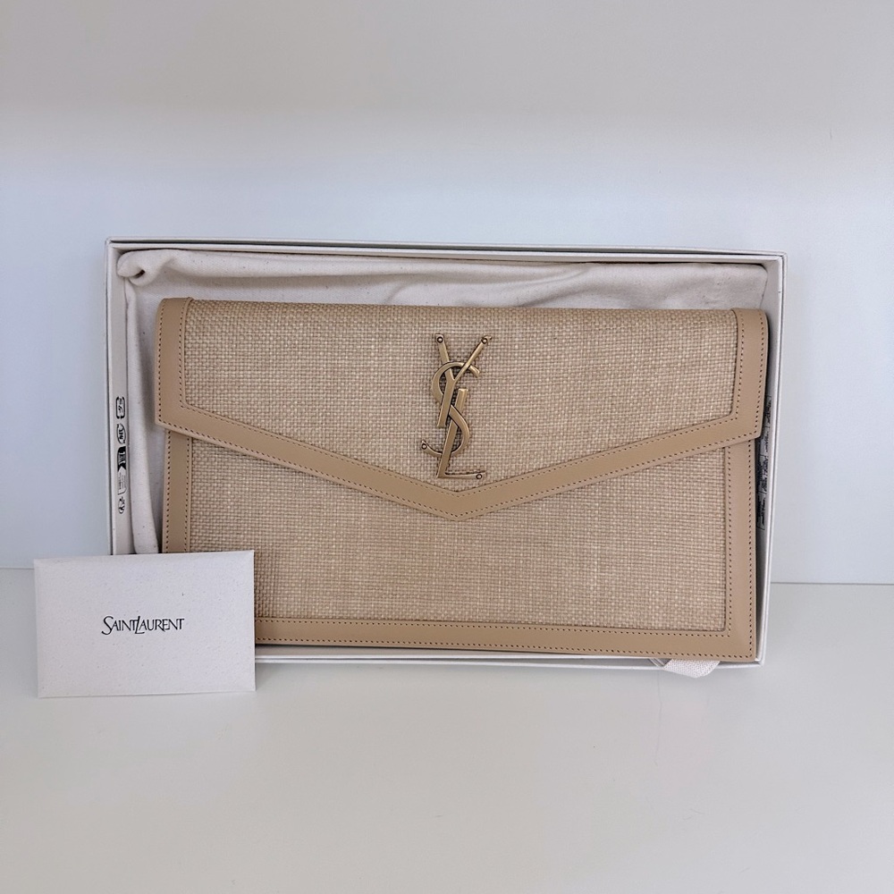 Authentic New, in the box YSL Uptown pouch in micro raffia natural hay and blush